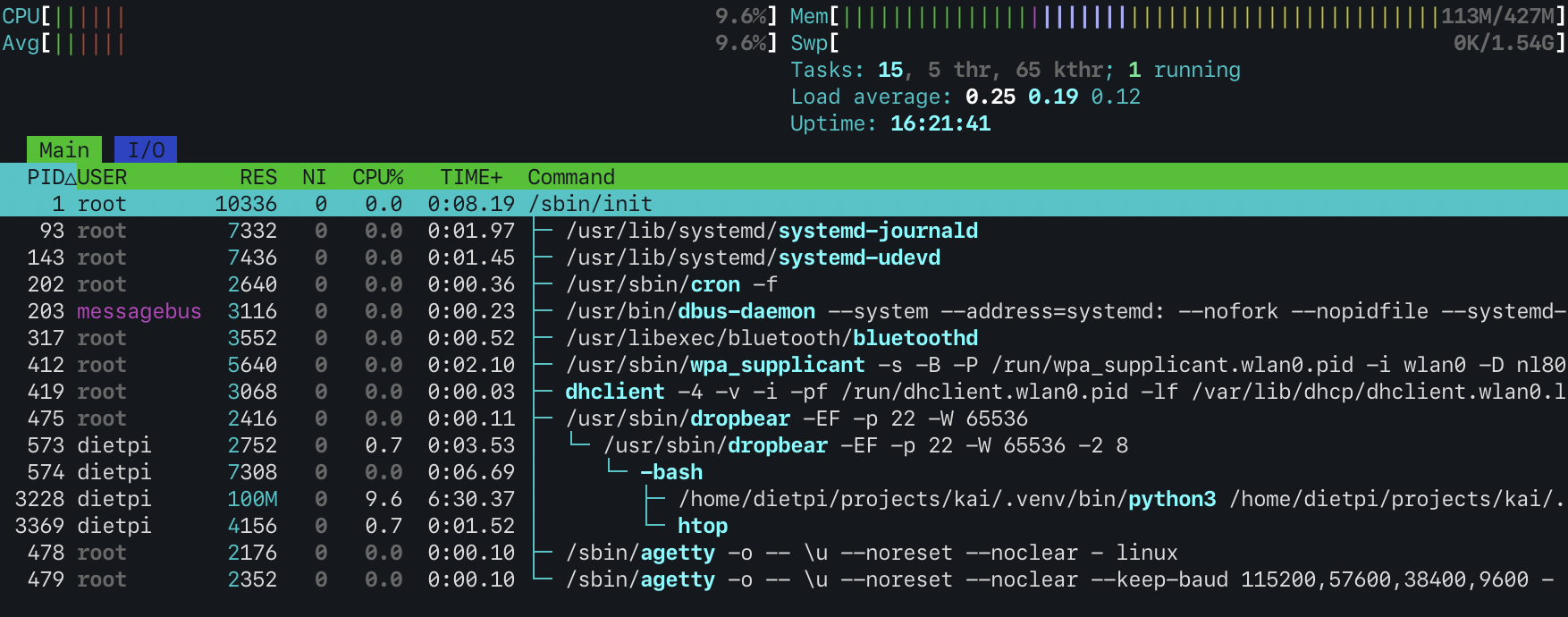 htop showing resource usage on the Pi