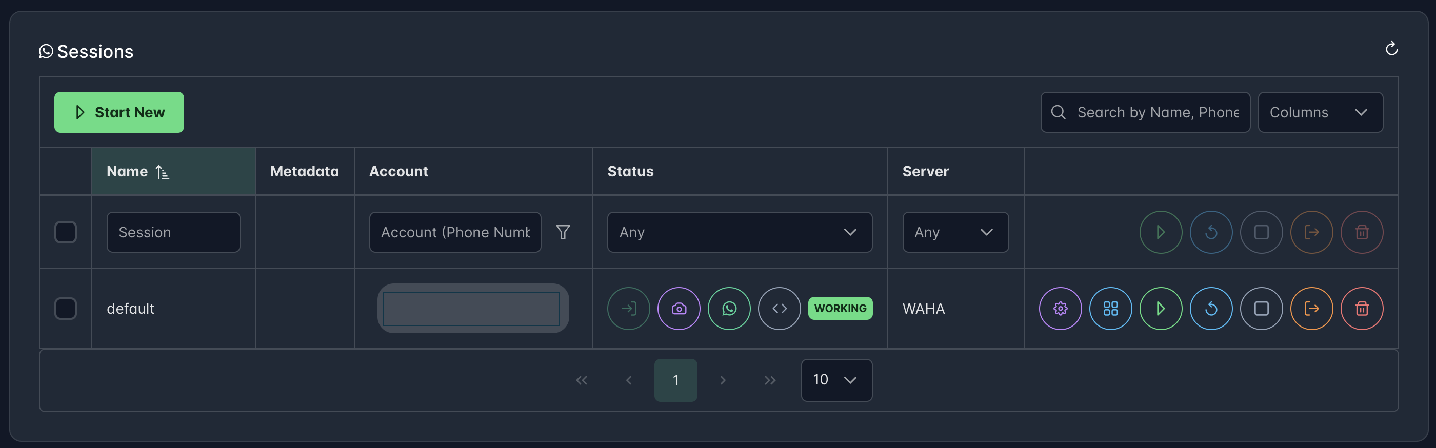 WAHA dashboard showing a connected WhatsApp session